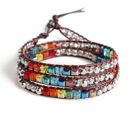 Yoga Bracelet Multi Color Wrap Silver Beads Yoga Shacra Colors Bangle Cuff Brown Leather Boho Hippie Bracelets for Women Men Girls