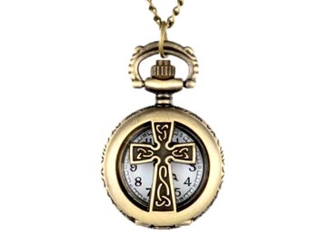Bronze celtic cross pocket watch irish pendant crucifix pop open face jesus christian symbol of ireland necklace pendant chain jewelry