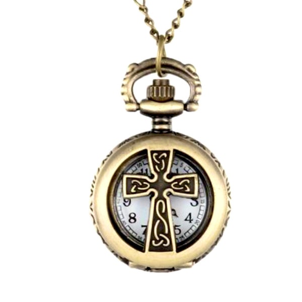 Croix celtique en bronze montre de poche pendentif irlandais crucifix pop visage ouvert jésus chrétien symbole de l'irlande collier pendentif chaîne bijoux