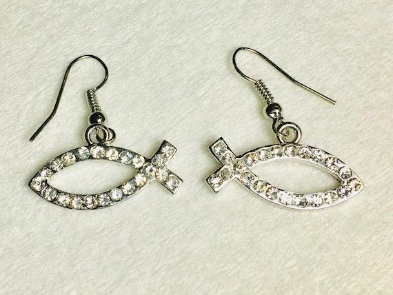 Rhinestone Fish Drop Dangle Earrings Hope Cross Stud Inlaid Crystals Wedding WOMEN Ichthus Ichthys ΙΧΘΥΣ Greek Fish Outline