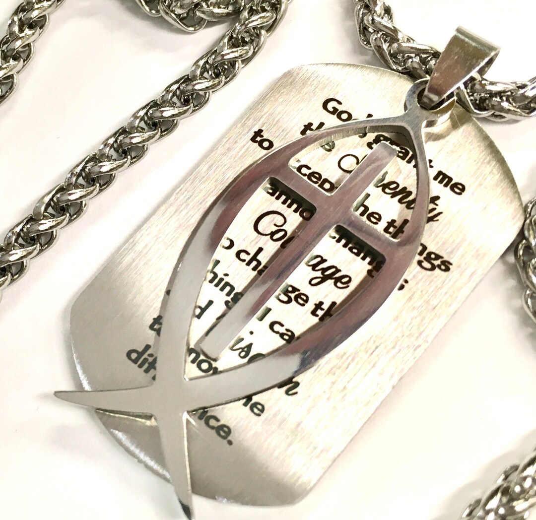 Serenity Prayer Fish Cross Necklace for Men Waterproof JESUS Silver