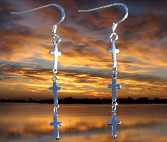Tiny 1, 2 or 3 Cross Earrings Drop Dangle Silver or Gold Plate Womens Girls Wedding Christian Jewelry - Saint Michaels Jewelry