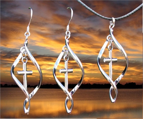 Silver Twist Cross Earring Necklace Pendant Set Women Girls Drop Dangle Christian Jewelry - Saint Michaels Jewelry