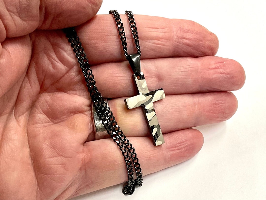 Camouflage Cross Necklace Military Grey and Black Mens Waterproof