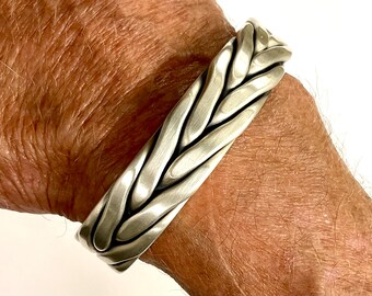 Mammoth Heavy Large Solid Sterling Bracelet 5.3 ounce Pure .999 1/4" Thick Bangle for Men Woven Design Waterproof Hypoallergenic Cuff