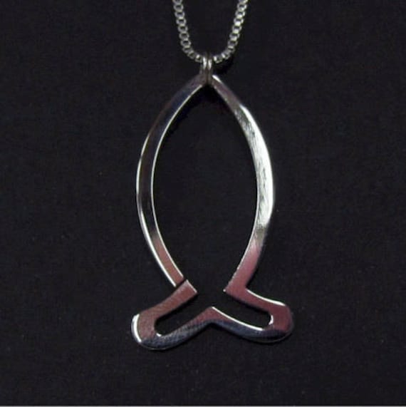 Silver High Gloss Hand Polished Ichthus Ichthys ΙΧΘΥΣ Greek Fish Outline Necklace