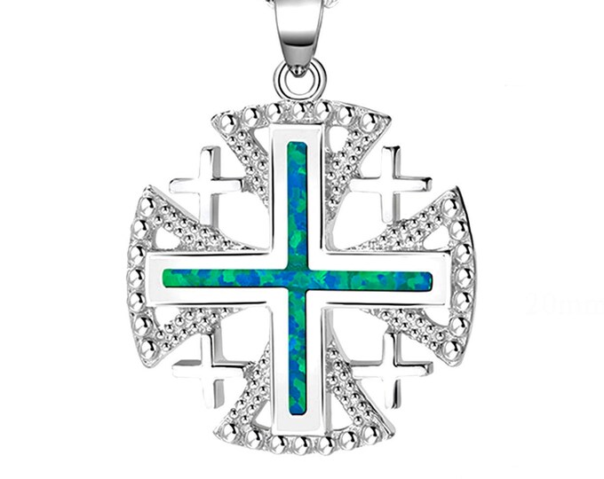 Jerusalem Cross Solid Sterling Silver Jesus Medal with Blue Green Opal inlay Medallion Jewish