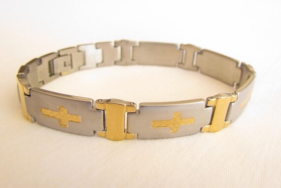 Cross Engraved Silver Gold Bracelet Stainless Steel Heavy Thick Mens Bracelet Boy's Bangle Christian Jewelry - Saint Michaels Jewelry