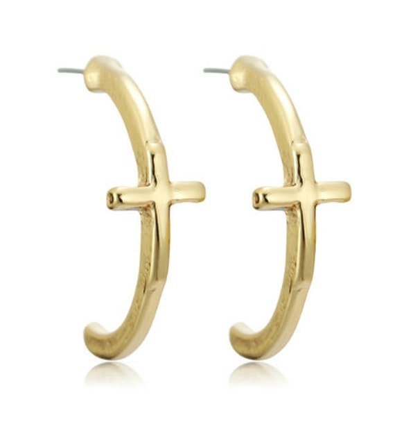 Cross Half Hoop Stud Earrings with Set Off Classic Crosses Modern Womans Girls Christian Jewelry jewellery cross of jesus
