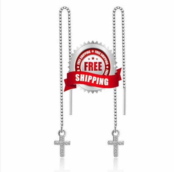 Silver Long Chain Drop Cross Earrings Modern Design Womens Girls Christian Jewelry - Saint Michaels Jewelry