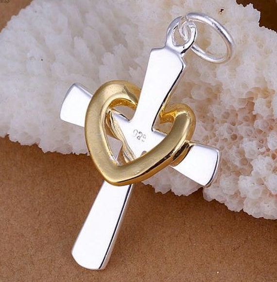 Silver Cross Necklace Floating Heart Love Cross Women Sterling Silver Pendant with Gold Heart and Chain Jewellery Girls Jewelry Women Jesus