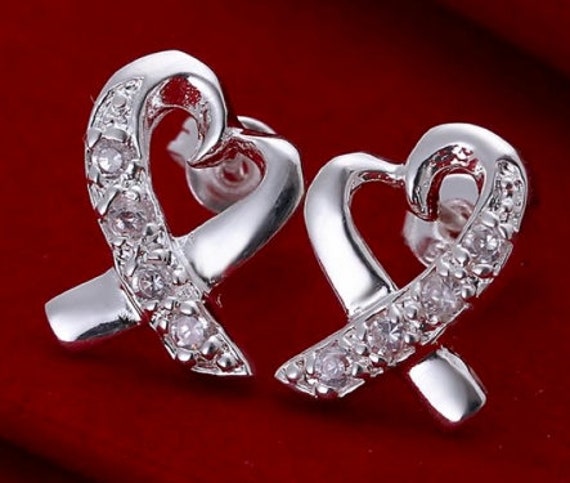 Silver Heart Earrings with Crystal Accents CZ look with Cross your Heart Design Style Jewelry for Weddings Bridesmaids Jewellery for Women