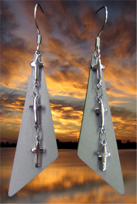 Silver Tiny 3 Cross & Triangle Earrings Drop Dangle Womans Girls Punk Hip Hop Stainless Steel Christian Jewelry - Saint Michaels Jewelry