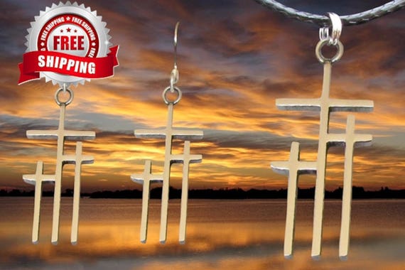 Silver Gold Calvary Three Crosses Earrings Necklace Pendant Womens Girls Christian Jewelry Crosses on Calvary Triple 3 Cross