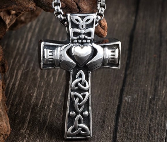 Irish Celtic Knot Cross Sacred Heart of Jesus Cross Thick Silver
