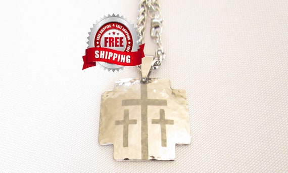 Silver Iron Calvary 3 Cross Pendant and Heavy Chain Hand Hammered Mens Boys Christian Jewelry - Saint Michaels Jewelry - Calvary Three Cross