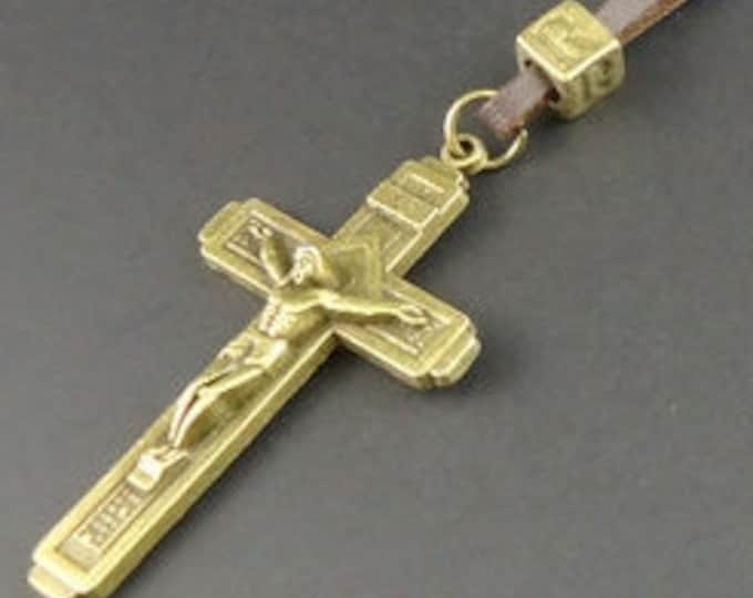 Brass Crucifix Cross of Jesus Brown Leather for Men Boys Draw Neck Strap Large Heavy INRI Christian Jewelry Catholic Orthodox Crucifix