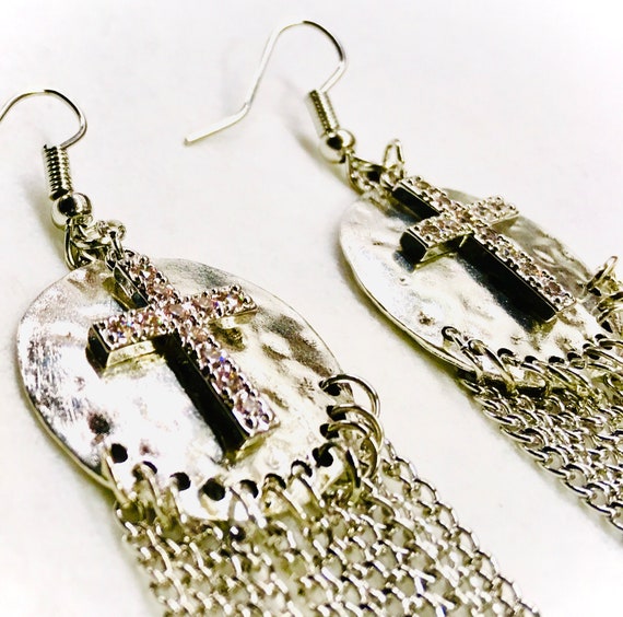Silver Cross Earrings long hammered with chain Woman Cross Silver Girls Drop Dangle Christian Jewelry Jewellery