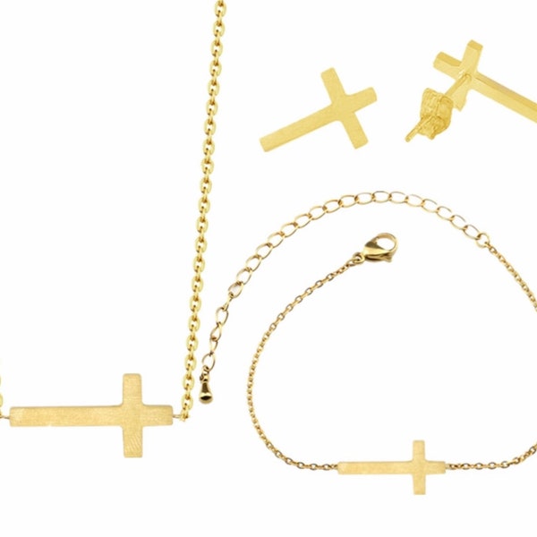 SET - Sideways Cross 3 Piece Set Bracelet Necklace Earrings Silver Gold Meaning of Sideways Cross of Christ Bracelet for Women Girl Jewelry
