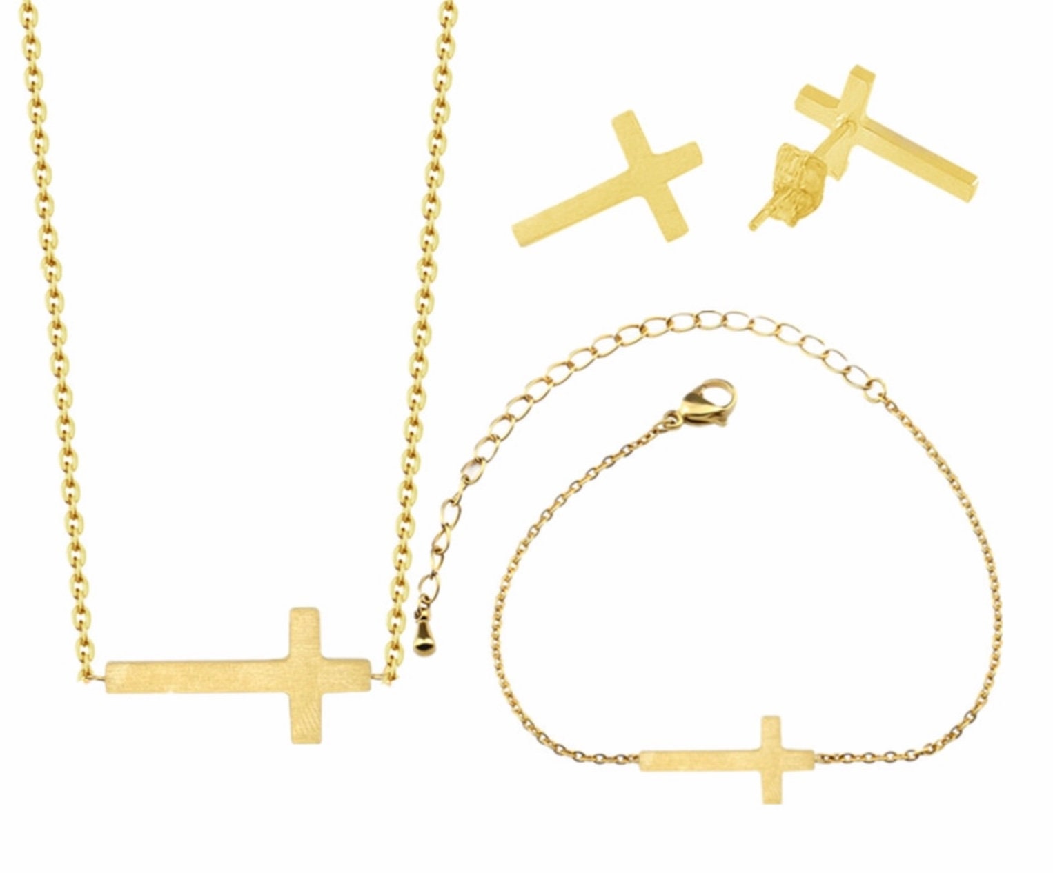 SET Sideways Cross 3 Piece Set Bracelet Necklace Earrings Silver Gold