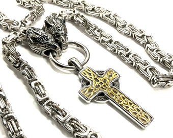 Mens Viking Celtic Wolf Head Cross Necklace Silver and Gold Irish Trinity Waterproof Hypoallergenic Vikings Rune Norse Scandinavian