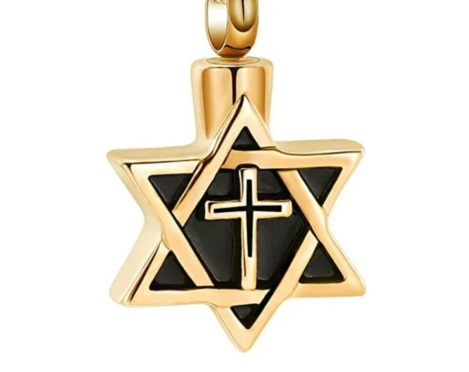 Star of David Urn Messianic with Cross Memorial Necklace Pet Cremation Urn for Ashes Remains Crucifix Women Men Waterproof Stainless Steel