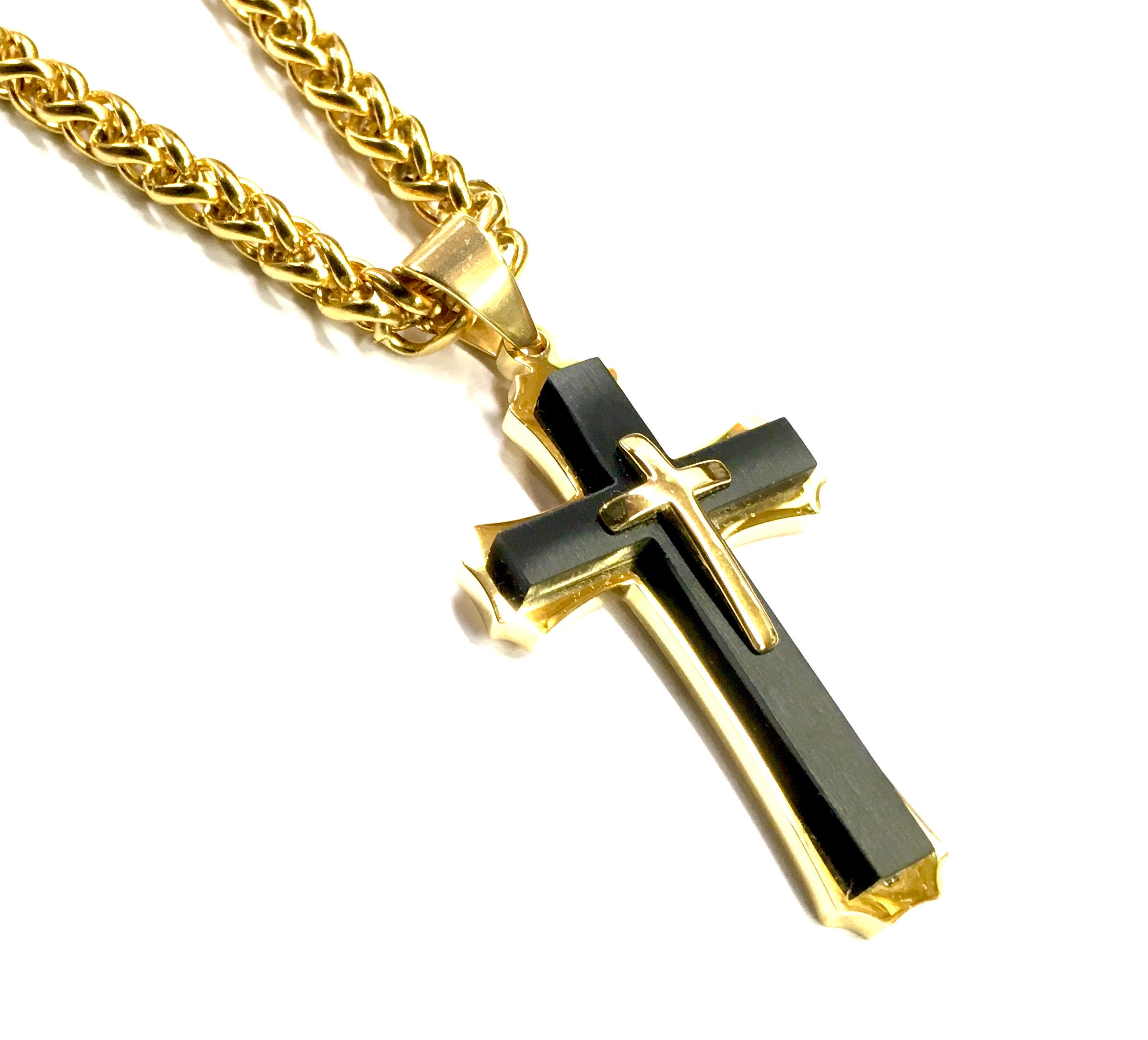 Gold Black Cross Necklace Huge Thick Chain for men Old World orthodox
