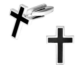 Set - Cross Tie Tack Clip Cuff Links Black and Silver Wedding Tuxedo Suit and Tie crucifix cross Jesus