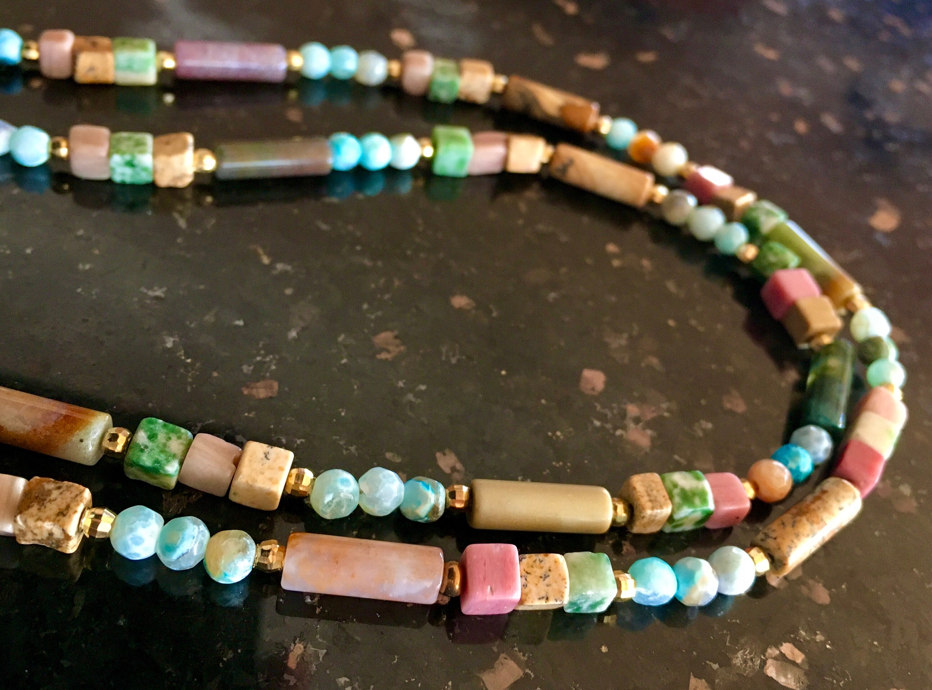 Double 2 Strand Semi Precious Stone Necklace Hand Selected Boho Choker ...