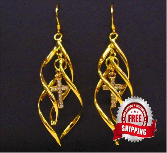 Double Twist Classic Dangle Rhinestone Cross Earrings Silver or Gold - Saint Michaels Jewelry