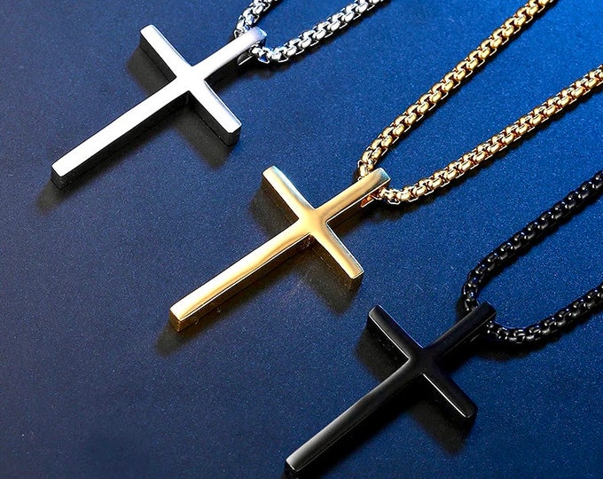 Simple Mens Silver Gold Cross Necklace for Women Black Waterproof Stainless Steel Cross Jewelry Chain with Cross Catholic Crucifix Orthodox