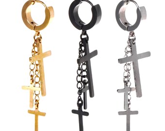 Multi 3 Cross Earrings Gold Black Silver Chain Mens Hipster Club Dance Punk Earrings Waterproof Hypoallergenic Dangle Long Drop Jesus