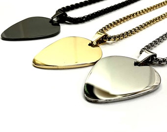 Guitar Pick Necklace Black Silver Waterproof Hypoallergenic Stainless Steel Pendant Heavy Chain Mens and Boys Jewelry jewellery
