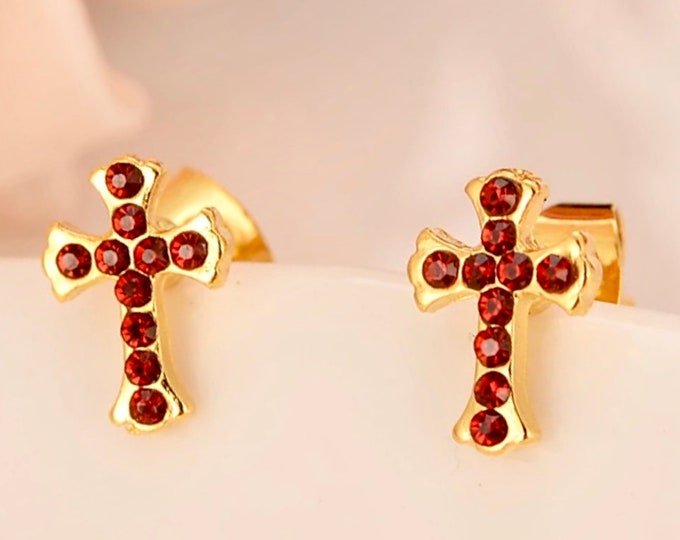 Red Gold Cross Earrings Dainty 24K Stud Colored CZ Crosses Small for Women Girls Best Price Weddings Bridesmaid jewellery jewelry