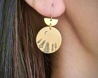 Mountain Moon and Star Earrings pine tree jewelry Hikers Wanderlust Bikers Minimalist Jewelry Set for Woman