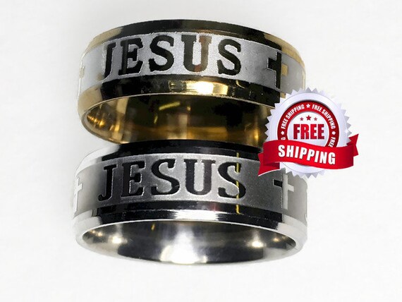Silver Gold 8mm Wide Jesus Cross Ring Woman Men Stainless Steel Wedding