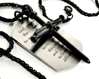 Nail Cross Serenity Prayer Necklace Waterproof Dog Tag Heavy Silver Black Gold Super Thick Chain Crazy Pendant Mens Boys Christian Jewelry