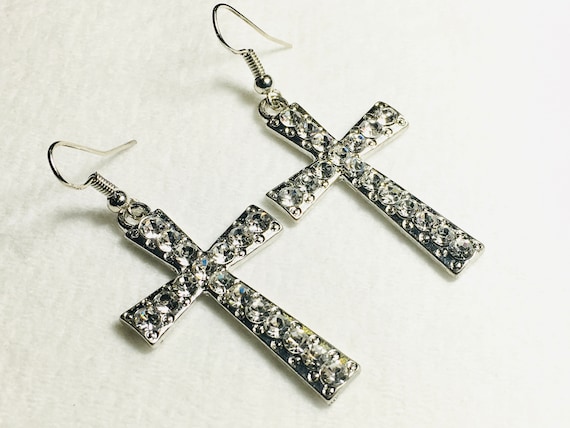 Silver Rhinestone Bohemian Vintage Punk Cross Drop Earring Pendant Necklace Inlaid Rhinestones Wedding WOMEN
