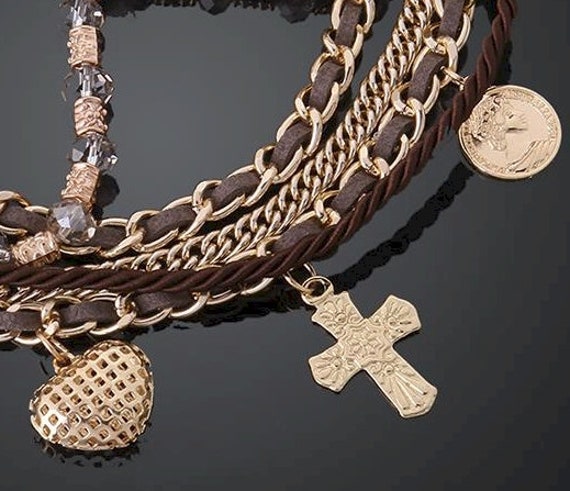 5 Strand Cross Bracelets Gold Brown Charms Cuff Wrap Bangle Bracelet Christian Jewelry jewellery