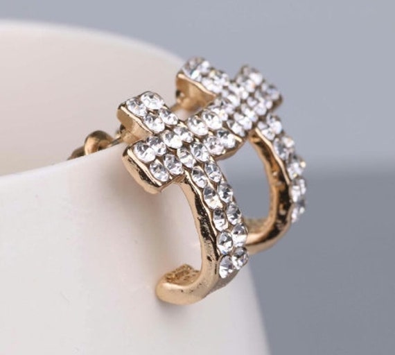 Two Row Silver Gold Hoop Cuff Earrings with Classic Rhinestone Crosses Modern Womans Girls Christian Jewelry