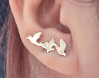 Gold Peace 3 Dove Stud Earrings olive branch baptism wedding dove Holy Spirit symbol of Sole and Holy Spirit Womans Girls Christian Jewelry