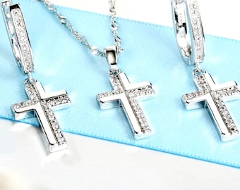 Set - Solid Sterling Silver CZ Cross Earrings and Necklace S925 Pendant for Women Cast Jewelry link Chain Jewellery for Girls