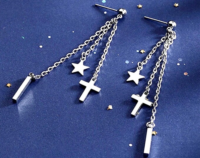 Silver Multi 3 Chain Cross Star Earrings Silver Hippie Bohemian Earrings Cross Dangle Long Drop Chain Cross of Jesus Jewelry for Men