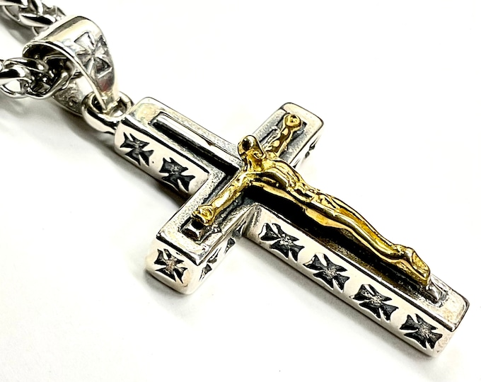 925 Crucifix Cross Necklace Medium Solid Sterling Silver for Men Silver and Gold Old World Catholic Orthodox 3 Color Jesus