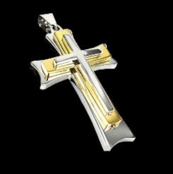 Large Cross Three 3 Layer Silver Gold Stainless Steel and Chain Christian Jewelry