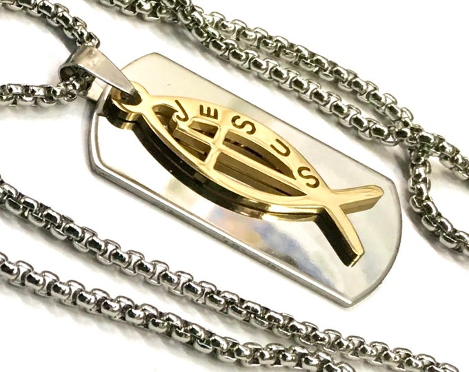 Jesus Fish and Cross and Dog Tag Necklace Set Two piece Silver and Gold Medallion with Stainless Steel Heavy Box Chain and Cross of Jesus