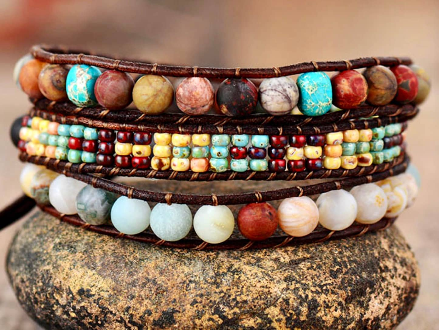 Round Natural Stone Bracelet 3 Row Wrap Boho Bohemian Yoga Leather  Friendship High Quality SouthWest Jewelry for Women Cheap Girls Jewelry