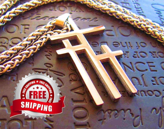 Large Silver Calvary 3 Cross Necklace Pendant Mens Boys Heavy Braided Chain Christian Jewelry - Saint Michaels Jewelry - Calvary Three Cross