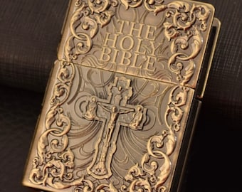 Cross Lighter Holy Bible Heavy Bronze Crucifix Deep Embossed Filigree Designed with Antiqued Accents God Jesus Christian Jewelry