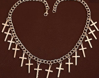 SET - gold 14 multi cross choker 2 piece necklace and bracelet cross bangle for woman girls christian cross of jesus jewellery jewelry